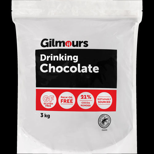 Gilmours Premium Drinking Chocolate 3kg pack featuring rich cocoa, gluten-free, and Rainforest Alliance certified for ethical indulgence.