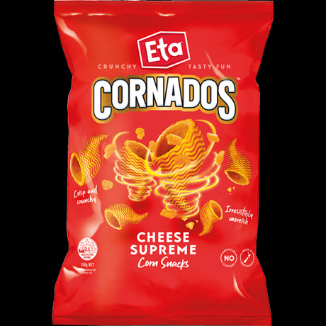 Crunchy Eta Cornados Cheese Supreme snacks, made with real corn, delivering a cheesy burst of flavor in 100g.