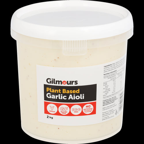 Gilmours 2kg Plant Based Garlic Aioli, a creamy vegan condiment perfect for sandwiches, salads, and dips.