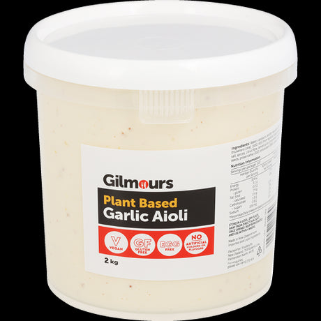 Gilmours 2kg Plant Based Garlic Aioli, a creamy vegan condiment perfect for sandwiches, salads, and dips.