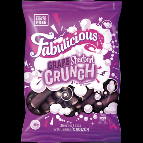 RJ's Fabulicious Grape Sherbert Fizz Crunch 180g, a candy combining crunchy fizz and soft grape chew for a sweet explosion.