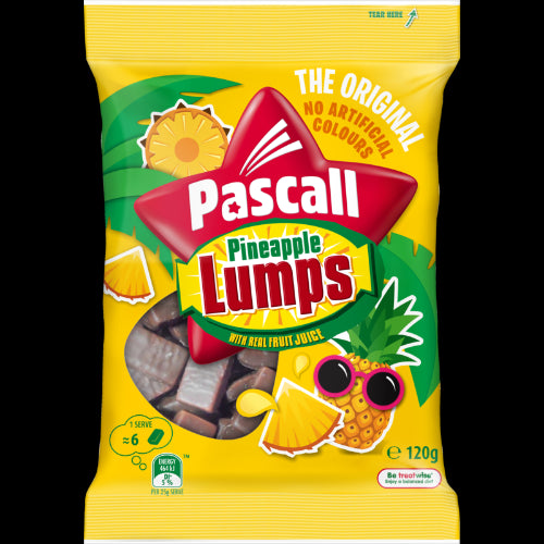 Pascall Pineapple Lumps 120g package featuring chewy pineapple centers coated in chocolate, a delightful New Zealand treat.