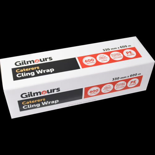 Gilmours Wrap Dispenser Box 330mm 600m, ideal for cling film, foil, and parchment, ensuring efficient food packaging and organization.