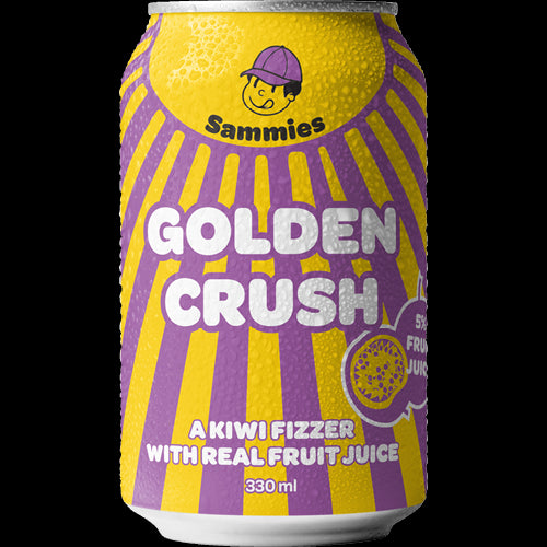 Sammies Golden Crush carbonated drinks 24-pack, featuring refreshing kiwi flavor and real fruit juice in 330ml cans.