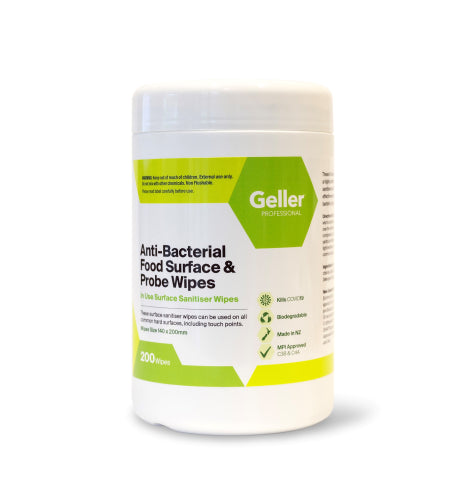 Geller Professional Anti Bac Surface and Probe Wipes C38/44 in a 200-pack for efficient cleaning and disinfection.