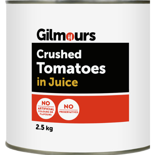 Gilmours Crushed Tomatoes 2.5kg pack, perfect for sauces and soups with rich, tangy flavor from premium ripe tomatoes.