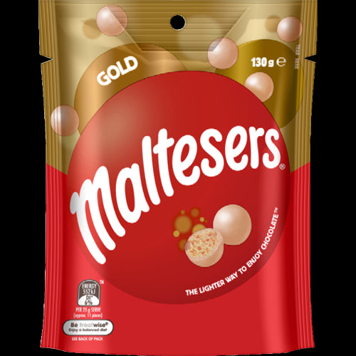 Maltesers Gold Pouch 130g featuring creamy malt centres in luxurious gold chocolate, perfect for sharing and indulging.