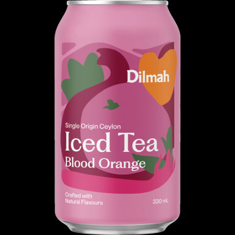 Dilmah Blood Orange Iced Tea cans, 12 x 330ml, featuring a zesty blood orange flavor and 8% brewed tea content.