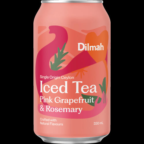 Refreshing Dilmah Pink Grapefruit & Rosemary Iced Tea in 330ml cans, perfect for summer picnics and gatherings.