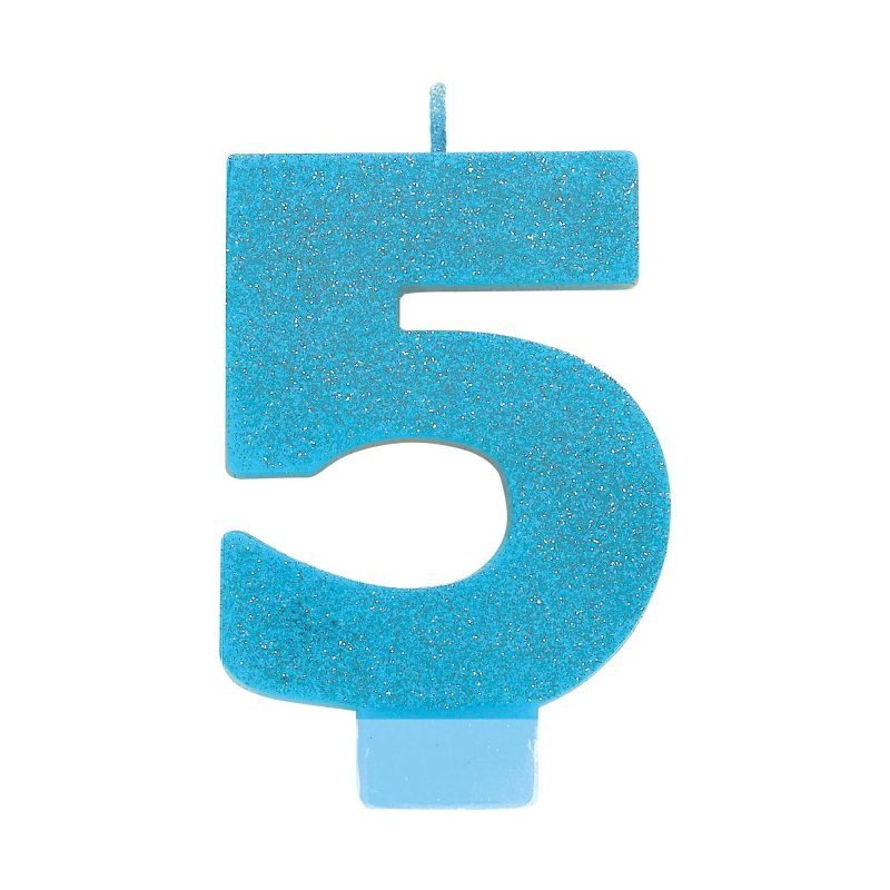 #5 Blue Glitter Numeral Candle