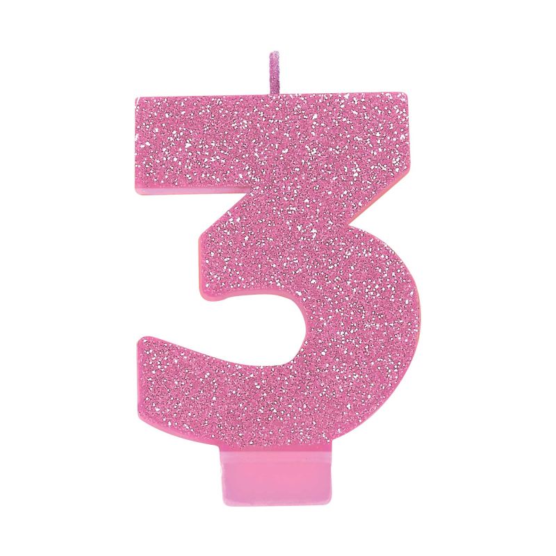 #3 Pink Glitter Numeral Candle