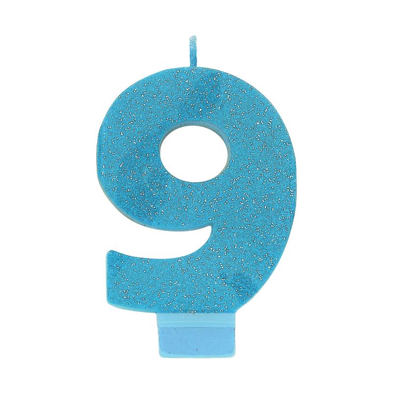 #9 Blue Glitter Numeral Candle