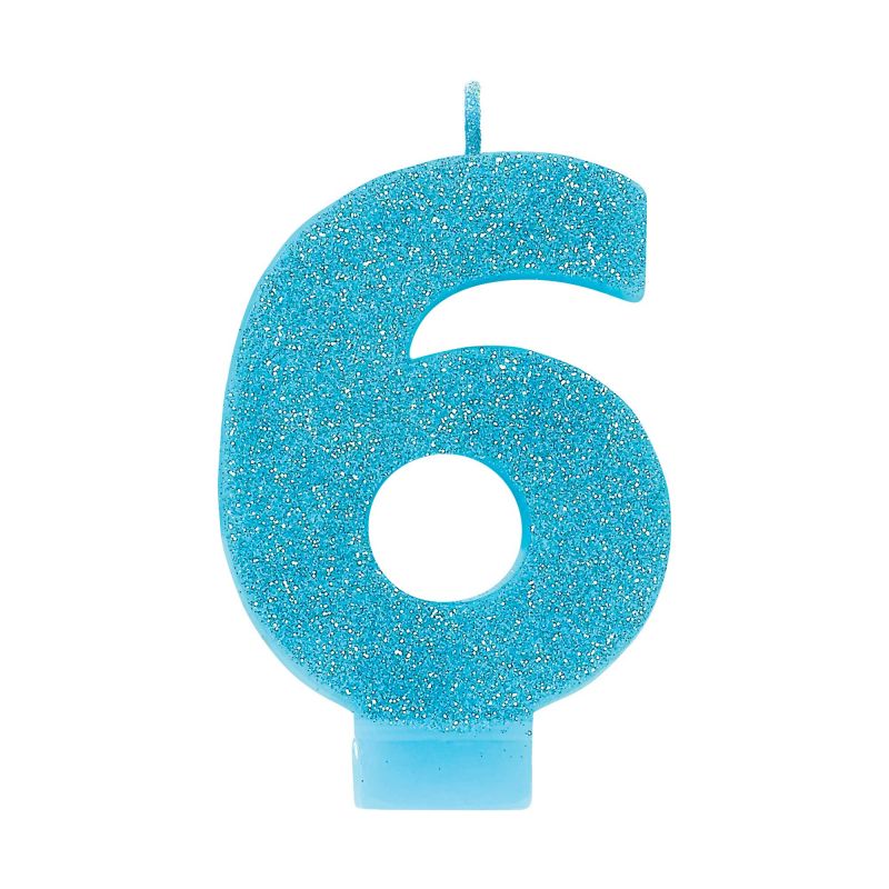 Blue glitter #6 candle, 8cm tall, perfect for birthdays and celebrations, adds sparkle to any cake.