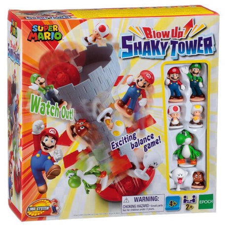 Colorful Blow Up Shaky Tower Game featuring Super Mario figures, designed for fun balancing challenges with family and friends.