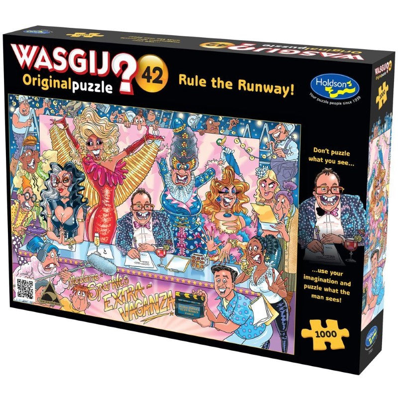 1000-piece Wasgij puzzle featuring a vibrant drag contest scene for imaginative puzzling fun, crafted from eco-friendly materials.