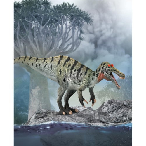 Hand-painted Ceratosuchops figurine with movable jaw, showcasing a vibrant predator poised by the riverbank for fishing.