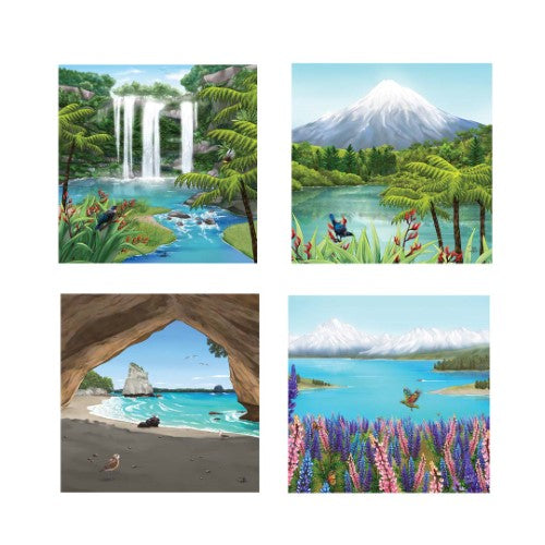Sophie Blokker Kiwiana square coasters featuring vibrant NZ scenery, with cork backing for surface protection. Set of 4.