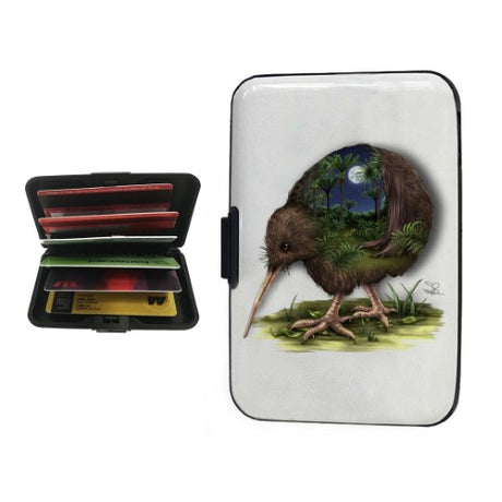 Sophie Blokker Kiwi Aluminium Cardholder, featuring RFID protection, holds 12 cards in a stylish Kiwiana design.