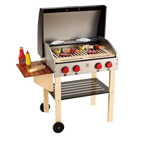 Hape Gourmet Grill toy with moveable wheels, double-sided grates, open-and-close hood, and included play food for imaginative cooking.