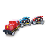 Colorful wooden Hape Race Car Transporter for kids, featuring vibrant cars to enhance creativity and fine motor skills.