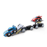 Hape Race Car Transporter - colorful wooden vehicle carrier for kids, promoting imaginative play and fine motor skills.