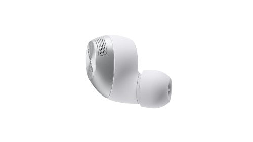 Wireless in-ear headphones in silver with ANC, featuring ergonomic design, high-resolution audio, and Bluetooth 5.3 connectivity.