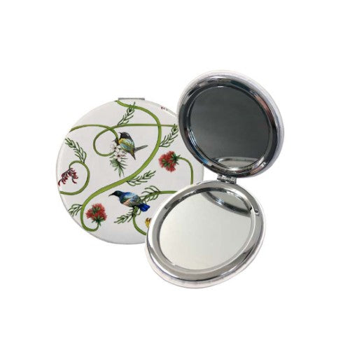 Sophie Blokker compact mirror featuring Birds & Flora designs, perfect for on-the-go touch-ups and celebrating New Zealand's nature.