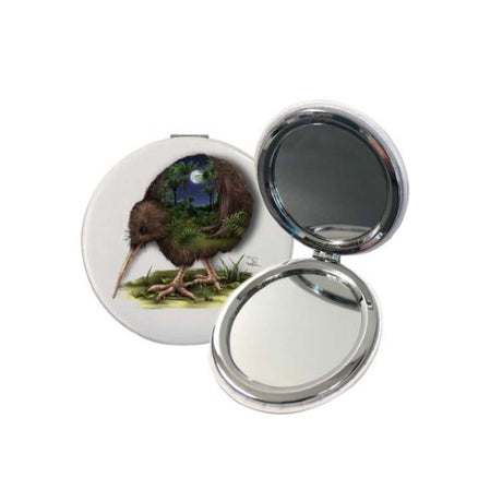 Sophie Blokker Kiwiana Compact Mirror featuring an iconic Kiwi bird design, perfect for on-the-go touch-ups and Kiwi enthusiasts.