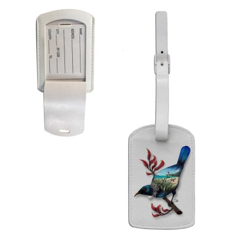 Sophie Blokker Tui luggage tag showcasing New Zealand's iconic Tui bird, perfect for stylish and secure travel.
