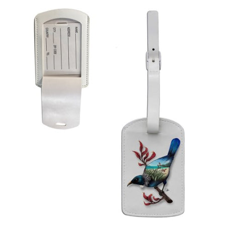 Sophie Blokker Tui luggage tag showcasing New Zealand's iconic Tui bird, perfect for stylish and secure travel.