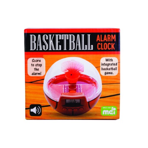 Basketball-themed alarm clock with mini-basketball game, measuring 10cm; wake up with a slam dunk every morning.