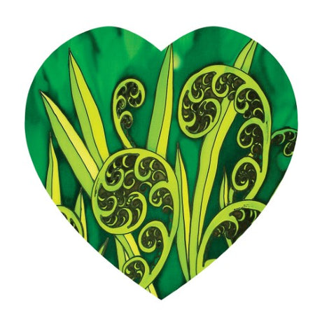 Jo May Kiwiana Ceramic Heart Wall Hanging featuring intricate koru design, cork backing, and elegant hanging cord.