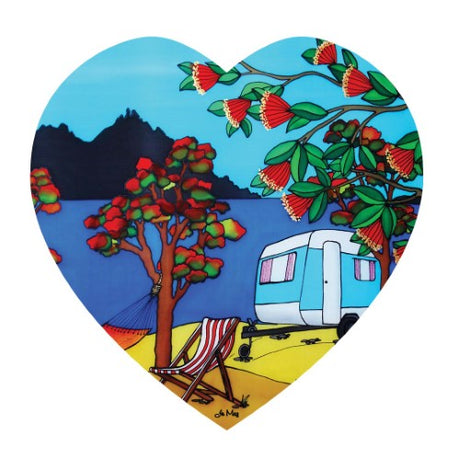 3D textured ceramic heart wall hanging featuring a caravan design, perfect for Kiwiana-inspired home decor.