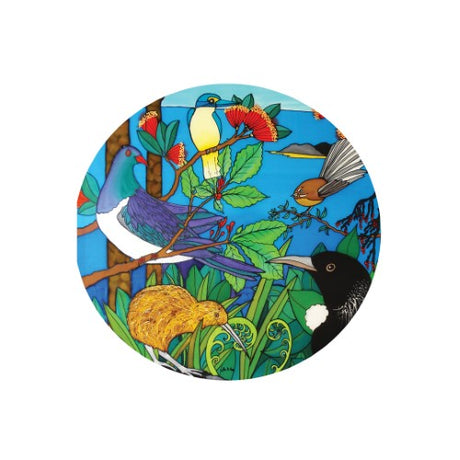 Round ceramic trivet featuring beautifully illustrated NZ birds, perfect for kitchen use or as a decorative wall hanging.