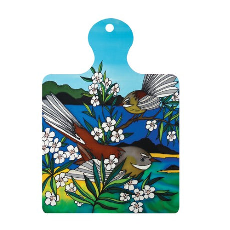 Jo May Kiwiana ceramic trivet featuring a colorful Fantail design, great for protecting surfaces and as a wall hanging.