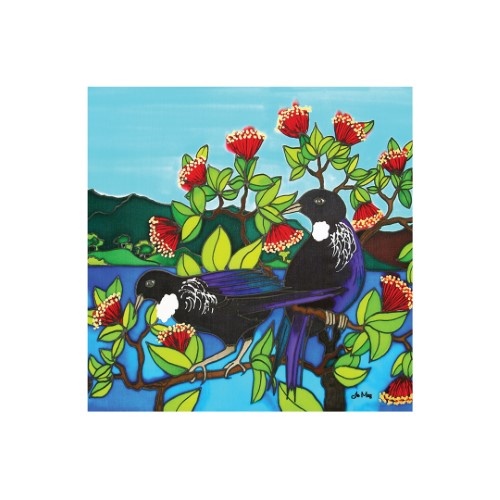 3D textured square ceramic tile featuring a vibrant Tui bird, perfect for Kiwiana home decor and wall art.