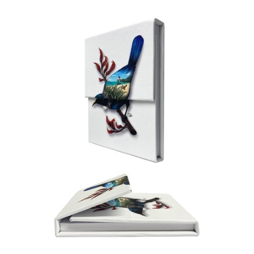 Artistic Kiwiana notepad featuring a Tui bird design, perfect for jotting notes on any metal surface.