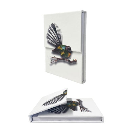 Sophie Blokker notepad featuring a Fantail bird design, perfect for notes and grocery lists, with a magnetic catch for easy display.