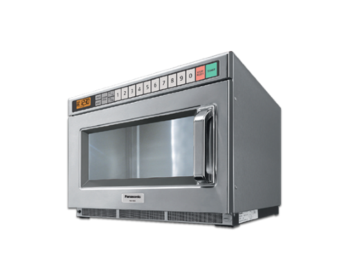 Panasonic 18L Dual Magnetron Commercial Microwave with 1800W, stainless steel, LCD, five-stage cooking, and 30 memory options.