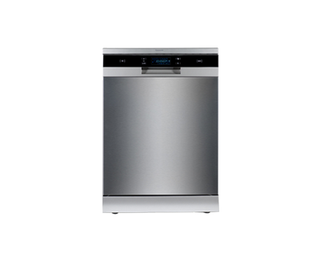 Panasonic freestanding stainless steel dishwasher with 14 place settings and 8 wash programs, featuring blue LED display.