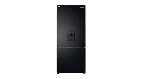 Panasonic 377L Bottom Mount Fridge Freezer in black and stainless steel with water dispenser and energy-efficient features.