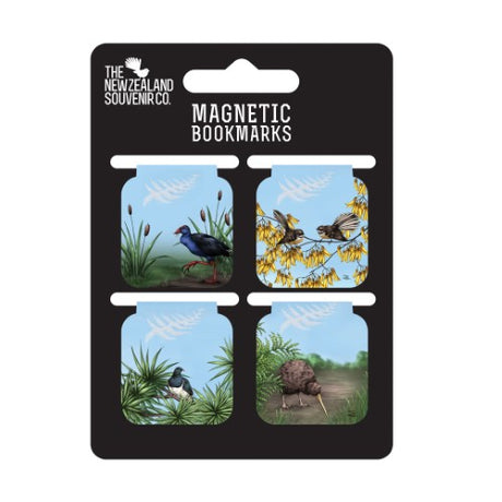Set of 4 Sophie Blokker Kiwiana Magnetic Bookmarks featuring fern designs and bird motifs, perfect for book lovers and gifts.