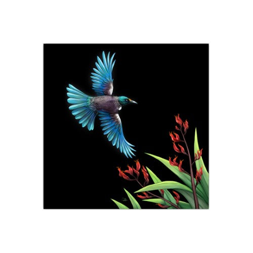 Sophie Blokker Kiwiana LED Canvas featuring a Tui in flight, battery-operated and touch activated, measuring 0.3m x 0.3m.