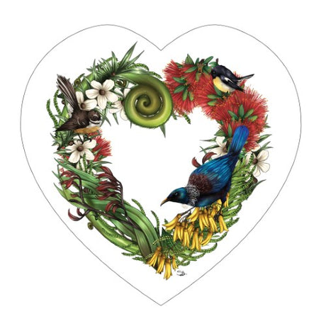 Sophie Blokker Kiwiana ceramic heart wall hanging featuring vibrant birds and flora, perfect for home decor and easy mounting.