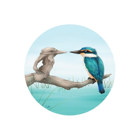 Round ceramic trivet with mirror kingfisher design, perfect for use or display, featuring cork backing for stability.