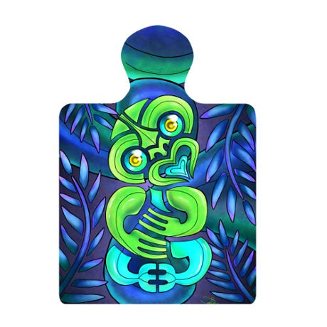 Vibrant Tiki design ceramic trivet and wall hanging, showcasing Kiwiana culture with cork backing for non-slip protection.