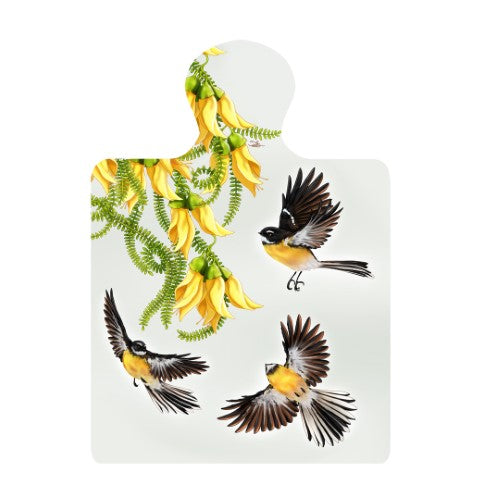 Sophie Blokker Kiwiana ceramic trivet featuring vibrant Fantails in Flight design, perfect for decor or protecting surfaces.