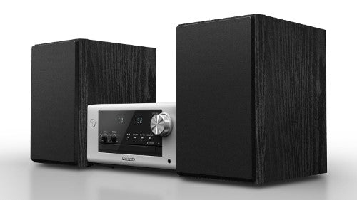 Sleek Panasonic SC-PM700GNS Wireless Micro System in silver, offering 80W sound, Bluetooth streaming, CD playback, and minimalist design.