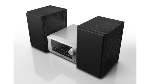 Panasonic SC-PM700GNS Wireless Micro System in silver, delivering 80W powerful sound with Bluetooth, CD, and AM/FM capabilities.