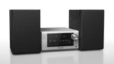 Sleek silver Panasonic SC-PM700GNS wireless micro system delivers 80W output, Bluetooth streaming, and CD playback.